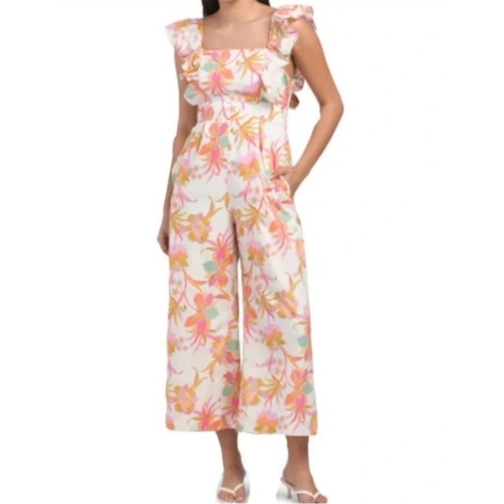 Taylor FLORAL WIDE LEG JUMPSUIT Size XL Pink Orange White COTTAGECORE Tropical